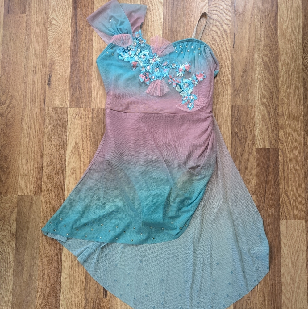 Girls Gradient Teal-Pink Dance Costume with Floral Appliqué